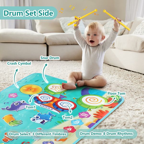 3 in 1 Musical Mat for Kids,Marine Animal Touch Play Blanket Piano Keyboard & Drum Set with 2 Drum Sticks,Educational Musical Learning Toys for 3+ Kids