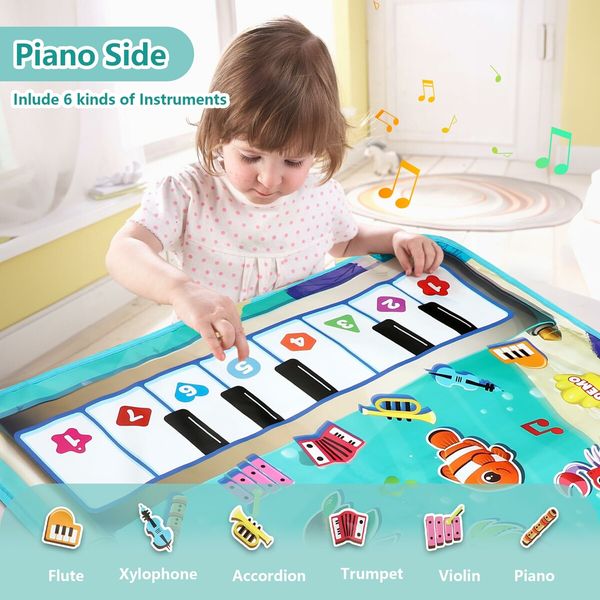 3 in 1 Musical Mat for Kids,Marine Animal Touch Play Blanket Piano Keyboard & Drum Set with 2 Drum Sticks,Educational Musical Learning Toys for 3+ Kids