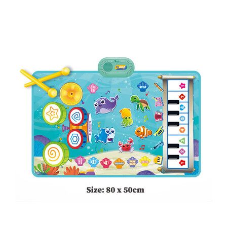 3 in 1 Musical Mat for Kids,Marine Animal Touch Play Blanket Piano Keyboard & Drum Set with 2 Drum Sticks,Educational Musical Learning Toys for 3+ Kids