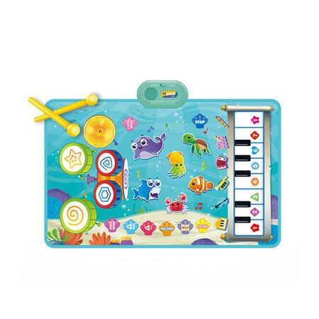 3 in 1 Musical Mat for Kids,Marine Animal Touch Play Blanket Piano Keyboard & Drum Set with 2 Drum Sticks,Educational Musical Learning Toys for 3+ Kids