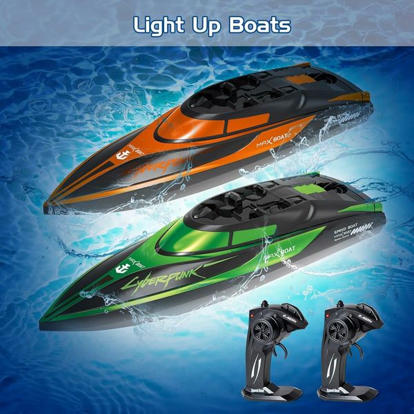 Remote Control Boats Night Glowing Toy Waterproof with Rechargable Battery Boat for Pools Lakes Play Gifts Boys Girls (Green)