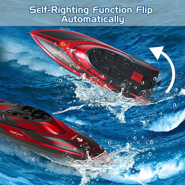 Remote Control Boats Night Glowing Toy Waterproof with Rechargable Battery Boat for Pools Lakes Play Gifts Boys Girls (Red)