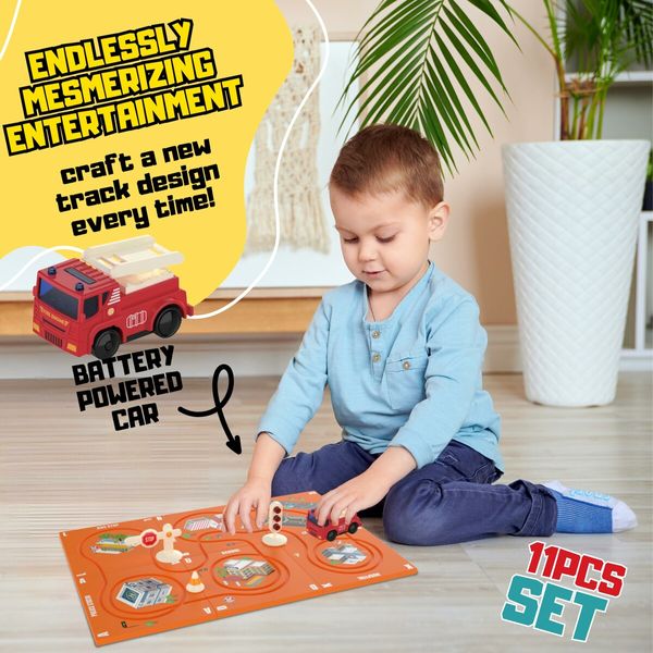 Puzzle Racer Kids Car Track Set with Fire Truck Vehicle Montessori Building Toy Rail Car Puzzle Gifts for 3+ Ages Boys(11 Pcs)