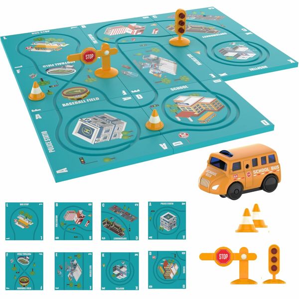 Puzzle Racer Kids Car Track Set with School Bus Vehicle Montessori Building Toy Rail Car Puzzle Gifts for 3+ Ages Boys(13 Pcs)