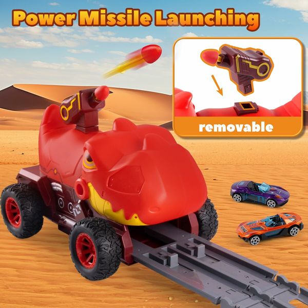 Truck Toys with 6 Die-Cast Metal Cars Foldable Track & Missile Launcher Birthday Gift Idea Toys for Kids Ages 3+(Red)