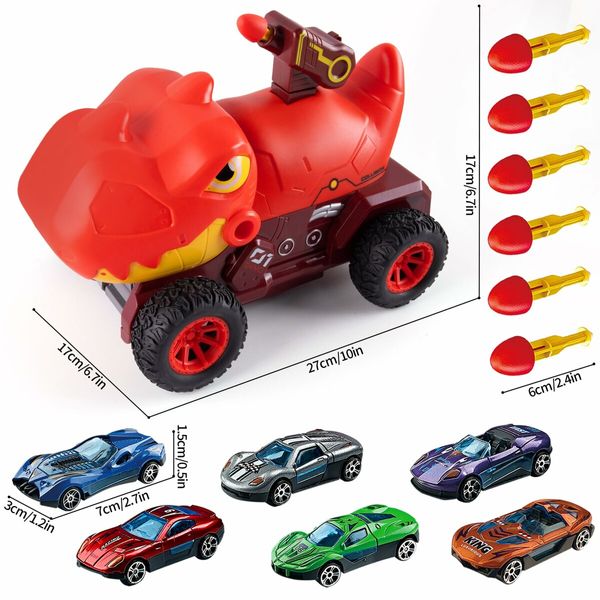 Truck Toys with 6 Die-Cast Metal Cars Foldable Track & Missile Launcher Birthday Gift Idea Toys for Kids Ages 3+(Red)