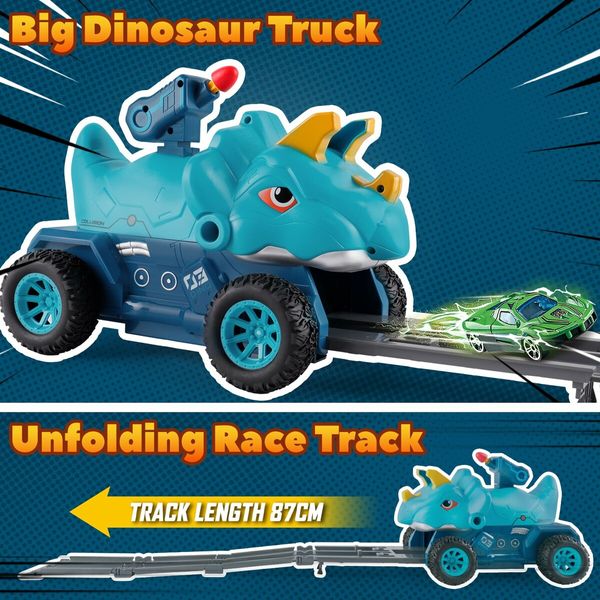 Truck Toys with 6 Die-Cast Metal Cars Foldable Track & Missile Launcher Birthday Gift Idea Toys for Kids Ages 3+(Blue)