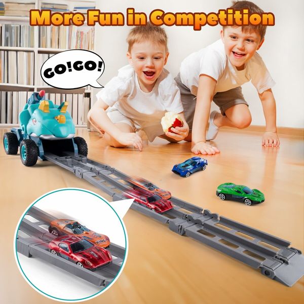 Truck Toys with 6 Die-Cast Metal Cars Foldable Track & Missile Launcher Birthday Gift Idea Toys for Kids Ages 3+(Blue)