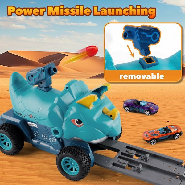 Truck Toys with 6 Die-Cast Metal Cars Foldable Track & Missile Launcher Birthday Gift Idea Toys for Kids Ages 3+(Blue)