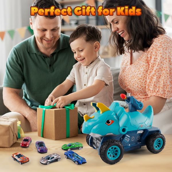 Truck Toys with 6 Die-Cast Metal Cars Foldable Track & Missile Launcher Birthday Gift Idea Toys for Kids Ages 3+(Blue)