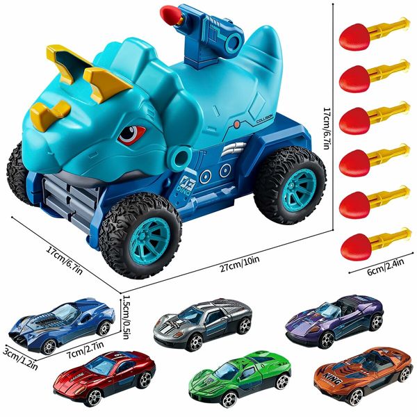 Truck Toys with 6 Die-Cast Metal Cars Foldable Track & Missile Launcher Birthday Gift Idea Toys for Kids Ages 3+(Blue)