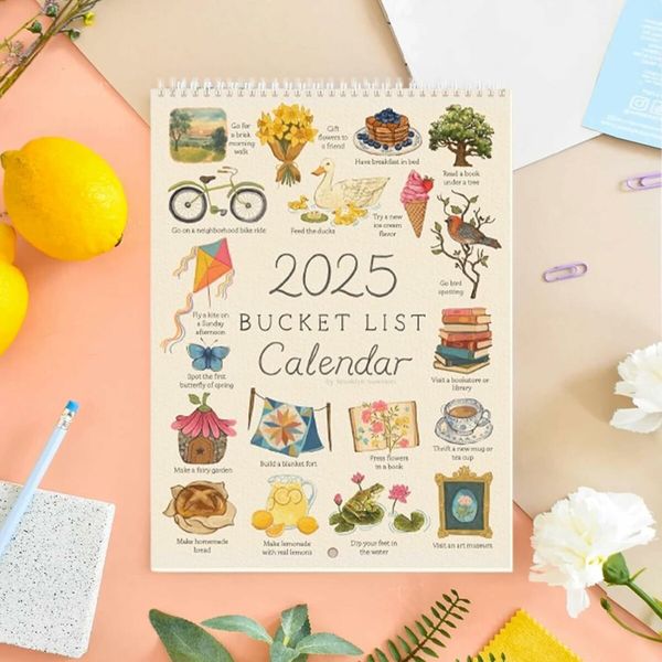 Bucket List Calendar, 9 x 12 inch 12 Months Large Double Spiral Wire Binding Wall Calendar or Organization, Great for New Year and Christmas Gifts