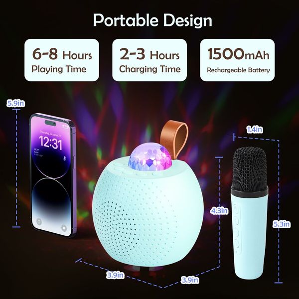 Mini Karaoke Machine for Kids Bluetooth Speaker with 2 Wireless Mic,Portable Microphone Speaker with Colorful LED(Blue)