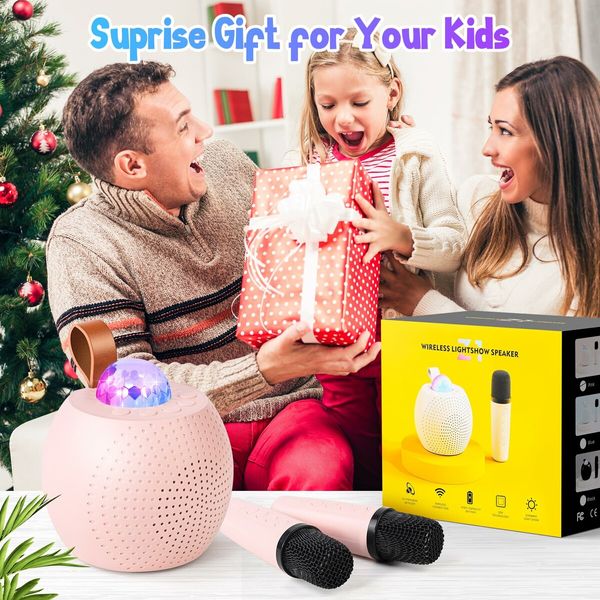 Mini Karaoke Machine for Kids Bluetooth Speaker with 2 Wireless Mic,Portable Microphone Speaker with Colorful LED(Pink)