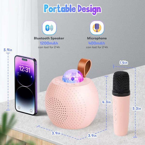 Mini Karaoke Machine for Kids Bluetooth Speaker with 2 Wireless Mic,Portable Microphone Speaker with Colorful LED(Pink)