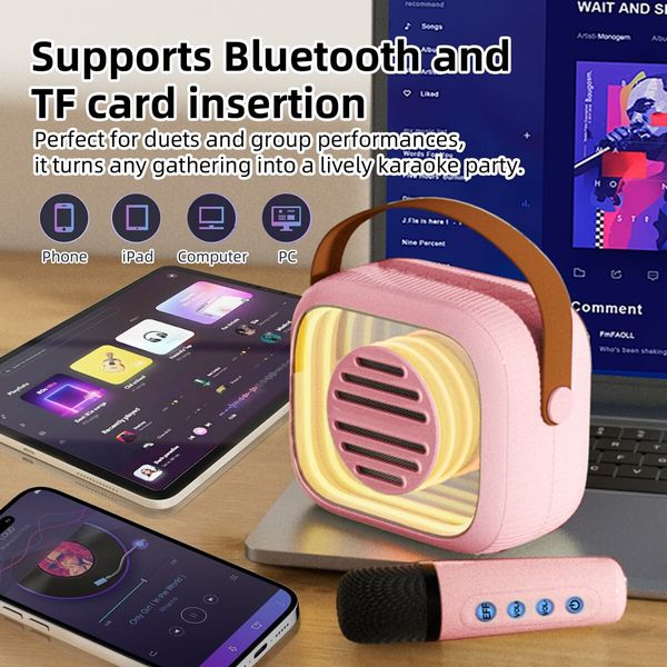 Mini Karaoke Machine for Kids- Portable Bluetooth Speaker with 2 Microphone 5 Voice Changing Effects for Christmas Gifts(Pink)