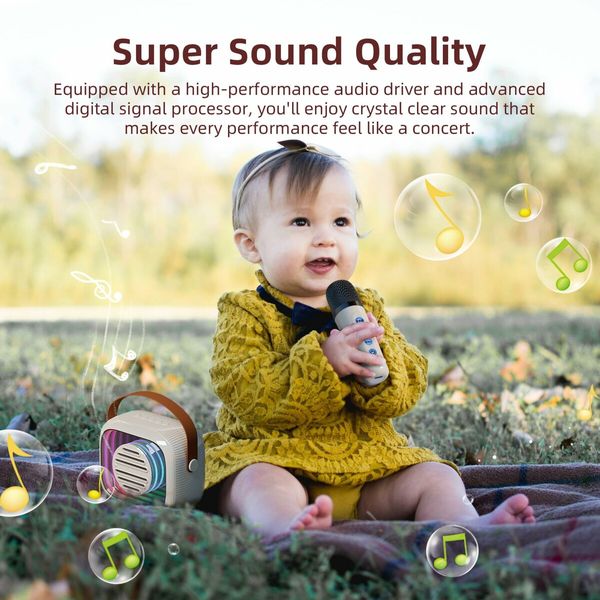 Mini Karaoke Machine for Kids- Portable Bluetooth Speaker with 2 Microphone 5 Voice Changing Effects for Christmas Gifts(Beige)