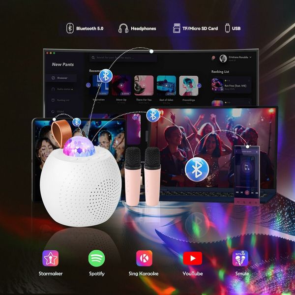 Mini Karaoke Machine for Kids Bluetooth Speaker with 2 Wireless Mic,Portable Microphone Speaker with Colorful LED(White)