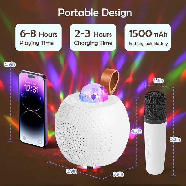 Mini Karaoke Machine for Kids Bluetooth Speaker with 2 Wireless Mic,Portable Microphone Speaker with Colorful LED(White)