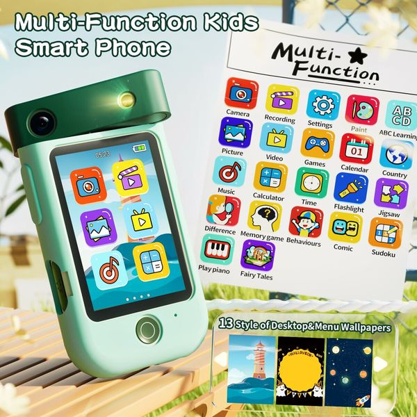 Kids Smart Phone Touchscreen 2.8 Inch Toddler Learning Toy with Rotating Camera Music Player 32G SD Card-Green