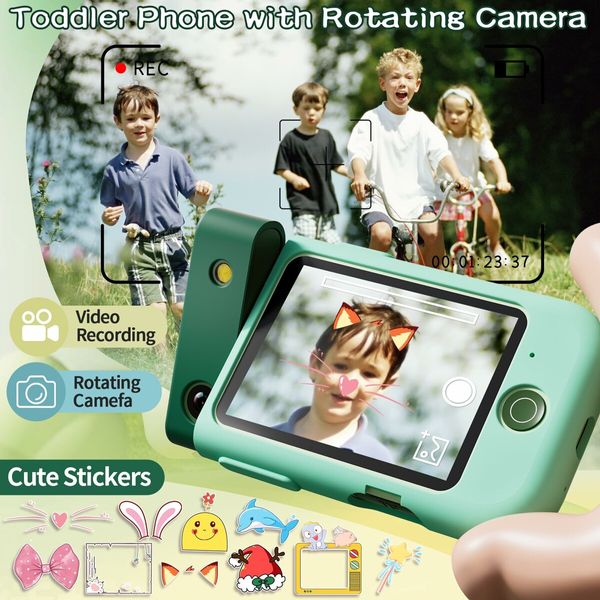 Kids Smart Phone Touchscreen 2.8 Inch Toddler Learning Toy with Rotating Camera Music Player 32G SD Card-Green