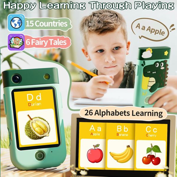 Kids Smart Phone Touchscreen 2.8 Inch Toddler Learning Toy with Rotating Camera Music Player 32G SD Card-Green