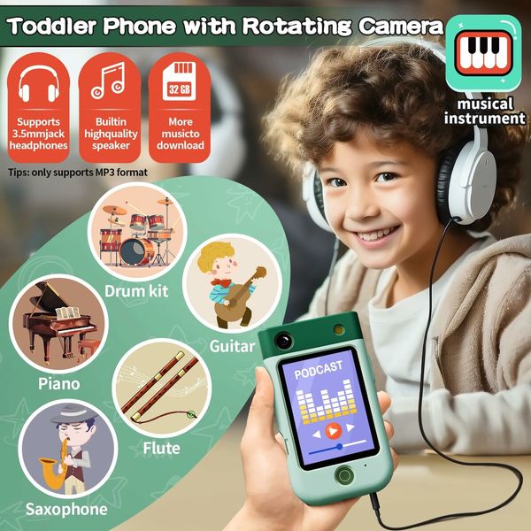 Kids Smart Phone Touchscreen 2.8 Inch Toddler Learning Toy with Rotating Camera Music Player 32G SD Card-Green