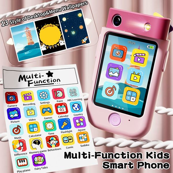 Kids Smart Phone Touchscreen 2.8 Inch Toddler Learning Toy with Rotating Camera Music Player 32G SD Card-Pink