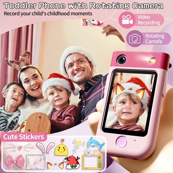 Kids Smart Phone Touchscreen 2.8 Inch Toddler Learning Toy with Rotating Camera Music Player 32G SD Card-Pink