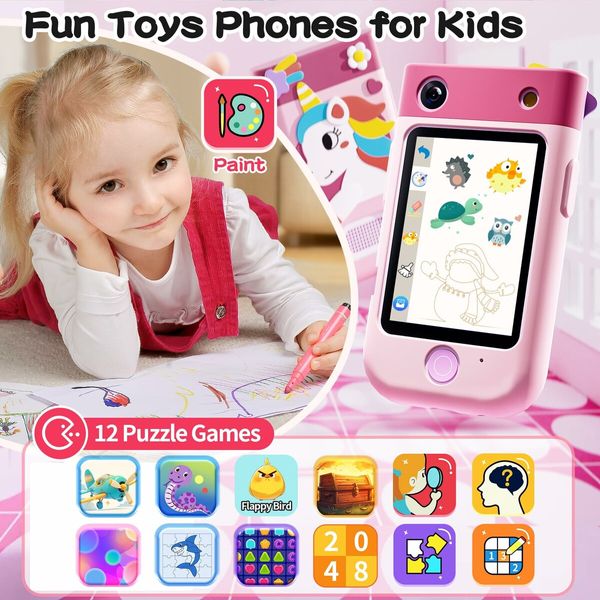 Kids Smart Phone Touchscreen 2.8 Inch Toddler Learning Toy with Rotating Camera Music Player 32G SD Card-Pink