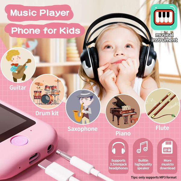 Kids Smart Phone Touchscreen 2.8 Inch Toddler Learning Toy with Rotating Camera Music Player 32G SD Card-Pink