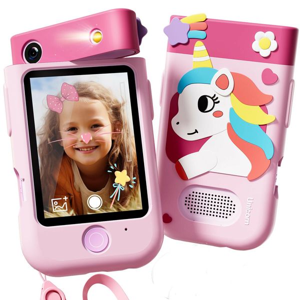 Kids Smart Phone Touchscreen 2.8 Inch Toddler Learning Toy with Rotating Camera Music Player 32G SD Card-Pink