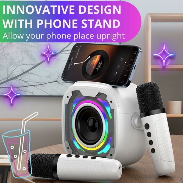 Mini Karaoke Machine for Kids - Phone Stand & Brilliant Sound & 2 Sensitive Microphones -White