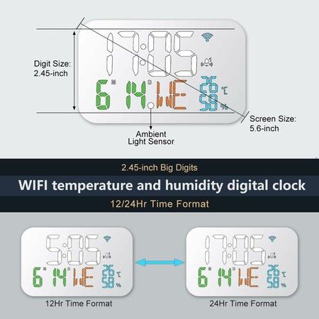 Digital Alarm Clock, Desk Clock with Temperature Humidity,Calendar,Week,Accurate time,Snooze,12/24 H, for bedrooms,Office,4 Level of Brightness