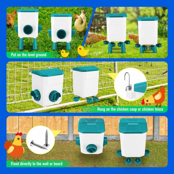 Chicken Bird Feeder Waterer Set 12kg 11L Automatic Food Water Dispenser Auto Chook Poultry Gravity Fed Feeding Drinking Coop Fence Rat Proof