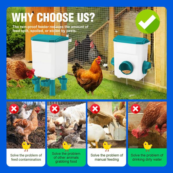 Chicken Bird Feeder Waterer Set 12kg 11L Automatic Food Water Dispenser Auto Chook Poultry Gravity Fed Feeding Drinking Coop Fence Rat Proof