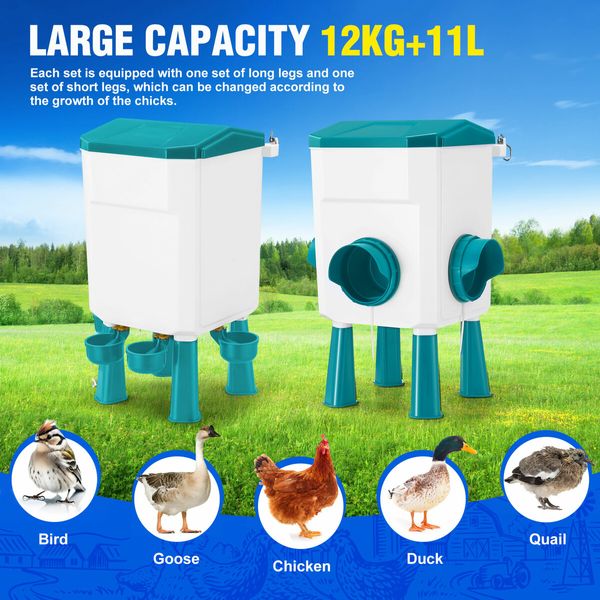 Chicken Bird Feeder Waterer Set 12kg 11L Automatic Food Water Dispenser Auto Chook Poultry Gravity Fed Feeding Drinking Coop Fence Rat Proof