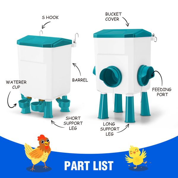 Chicken Bird Feeder Waterer Set 12kg 11L Automatic Food Water Dispenser Auto Chook Poultry Gravity Fed Feeding Drinking Coop Fence Rat Proof