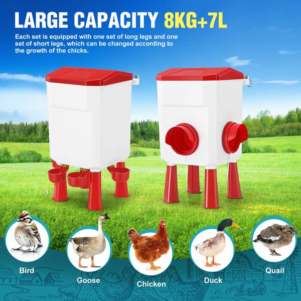 Chicken Bird Feeder Poultry Waterer Set Auto Food Water Dispense Automatic Hen Chick Chook Feeding Drinking Cup 8kg 7L for Coop Fence