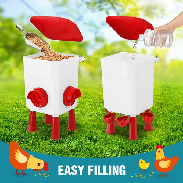 Chicken Bird Feeder Poultry Waterer Set Auto Food Water Dispense Automatic Hen Chick Chook Feeding Drinking Cup 8kg 7L for Coop Fence