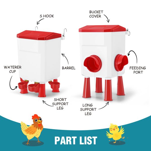 Chicken Bird Feeder Poultry Waterer Set Auto Food Water Dispense Automatic Hen Chick Chook Feeding Drinking Cup 8kg 7L for Coop Fence