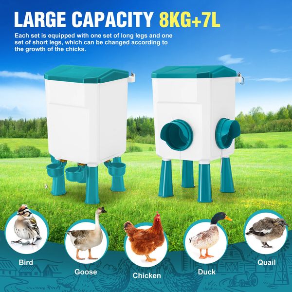 Chicken Bird Feeder Waterer Set 8KG Auto Food Dispenser 7L Drinker Automatic Hen Chook Chick Treadle Feeding Drinking System Rat Proof