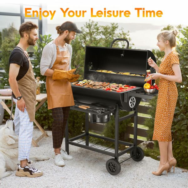 Charcoal BBQ Grill Trolley Portable Coal Barbecue Table Stand Outdoor Camping Cooking Smoker Set Rolling Cart with Storage Shelves