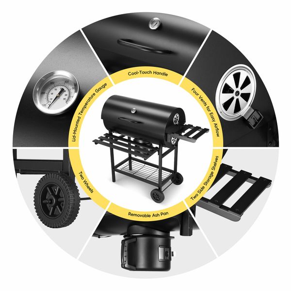 Charcoal BBQ Grill Trolley Portable Coal Barbecue Table Stand Outdoor Camping Cooking Smoker Set Rolling Cart with Storage Shelves