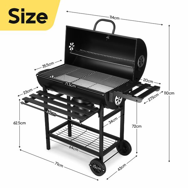 Charcoal BBQ Grill Trolley Portable Coal Barbecue Table Stand Outdoor Camping Cooking Smoker Set Rolling Cart with Storage Shelves