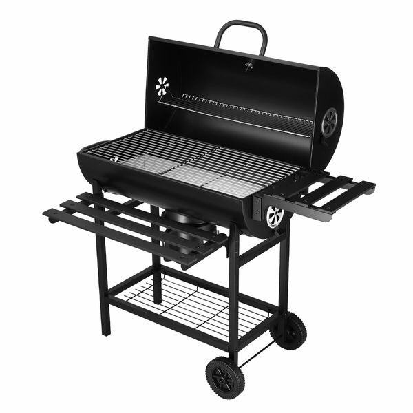 Charcoal BBQ Grill Trolley Portable Coal Barbecue Table Stand Outdoor Camping Cooking Smoker Set Rolling Cart with Storage Shelves