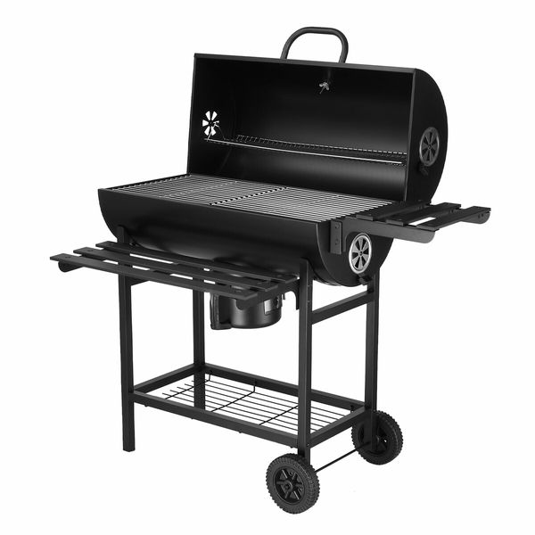 Charcoal BBQ Grill Trolley Portable Coal Barbecue Table Stand Outdoor Camping Cooking Smoker Set Rolling Cart with Storage Shelves