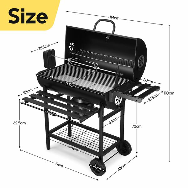 Charcoal BBQ Grill Trolley Barbecue Stand Table Portable Outdoor Camping Cooking Smoker Rolling Cart with Chicken Rack Storage Shelves