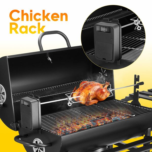 Charcoal BBQ Grill Trolley Barbecue Stand Table Portable Outdoor Camping Cooking Smoker Rolling Cart with Chicken Rack Storage Shelves