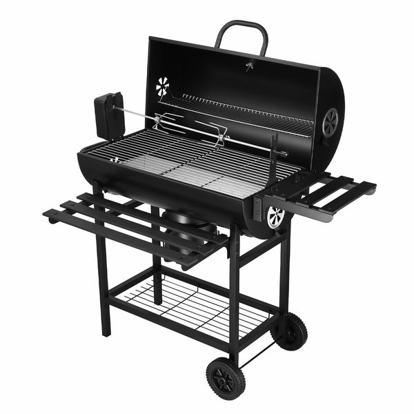 Charcoal BBQ Grill Trolley Barbecue Stand Table Portable Outdoor Camping Cooking Smoker Rolling Cart with Chicken Rack Storage Shelves